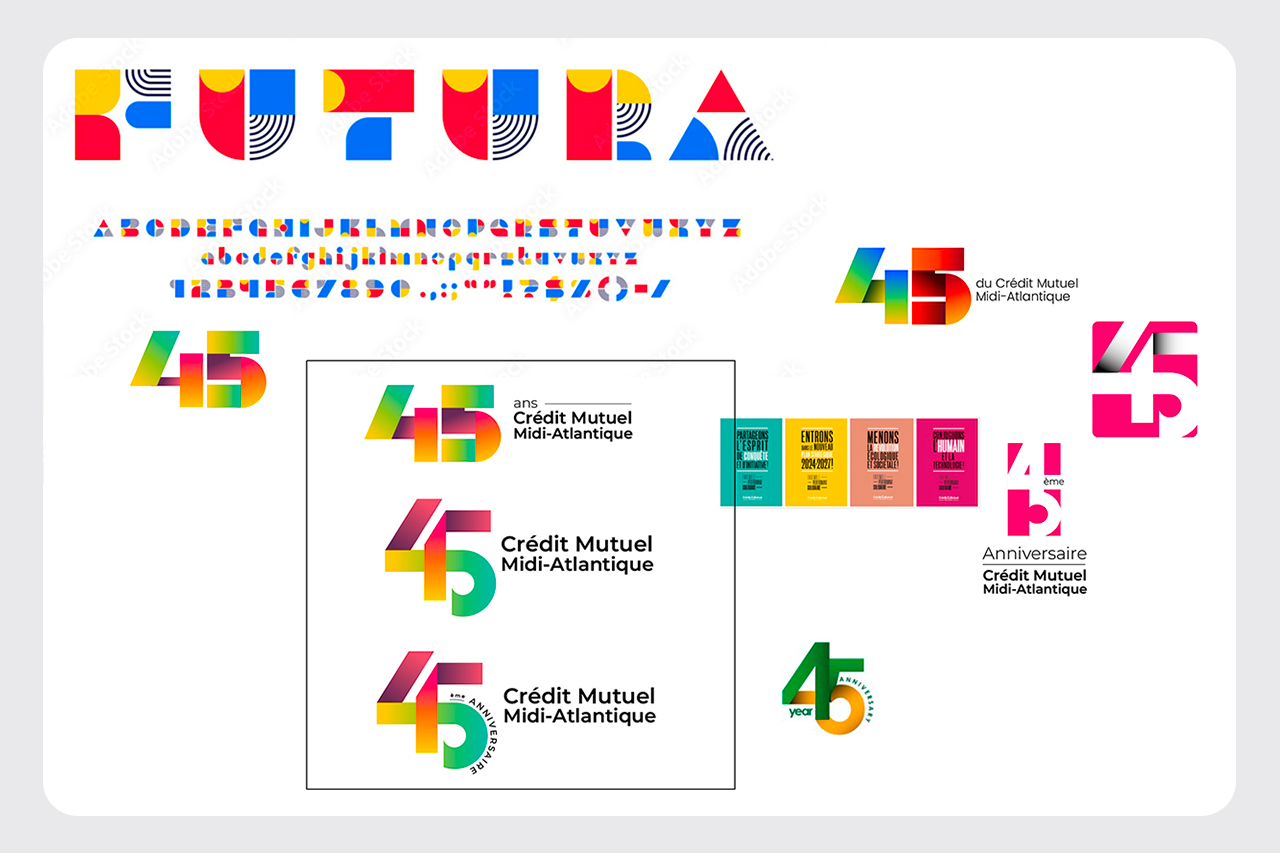 Planche de recherche du logo 45e anniversaire Credit Mutuelle Midi Atlantique