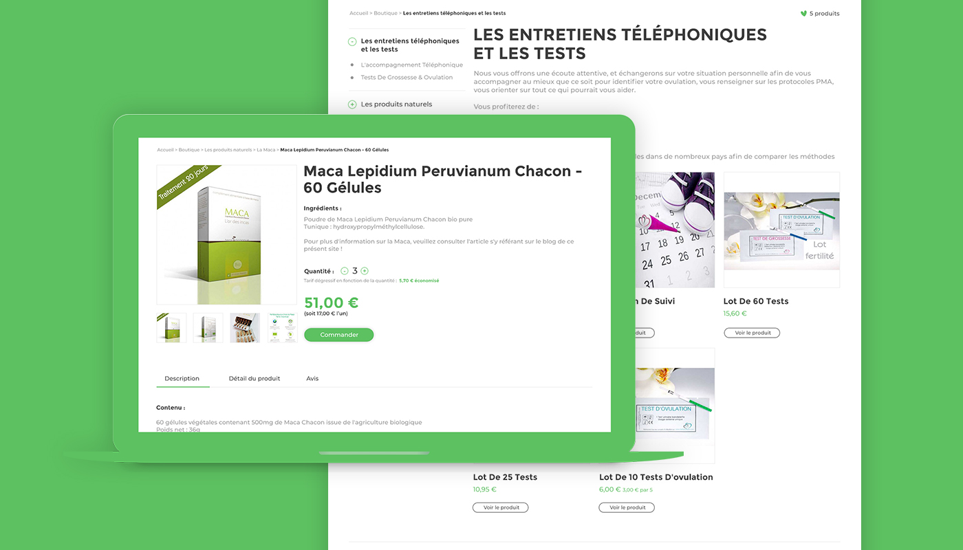 Webdesign du détail d'un produit de la partie boutique 