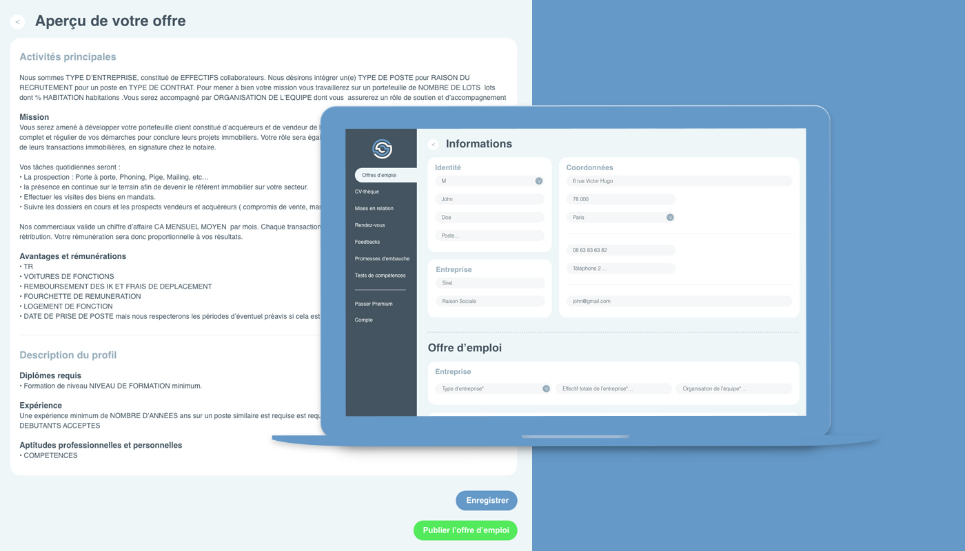 création et aperçu offre d'emploi