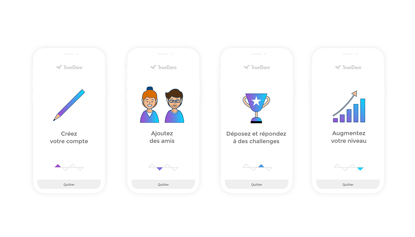 Design des écrans pour les 4 étapes d'inscription truedare
