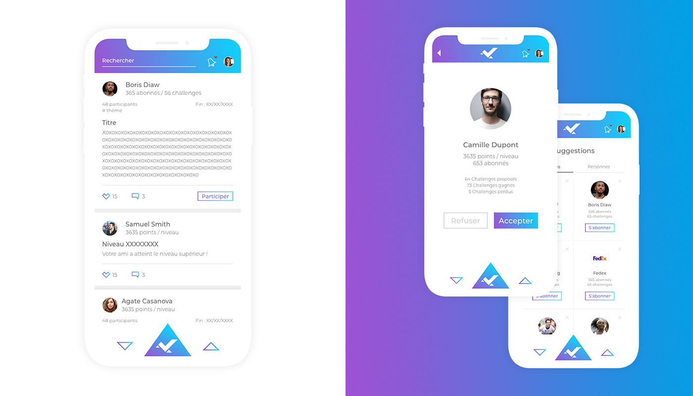Présentation des pages accueil, amis et liste de l'app