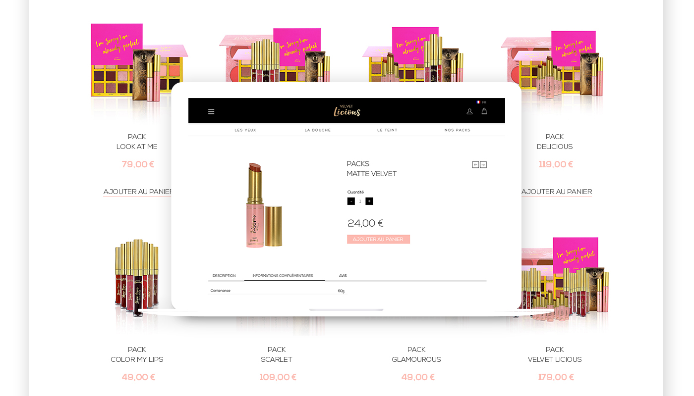 Webdesign listant les packs avec détail d'un rouge à lèvre sur ordinateur