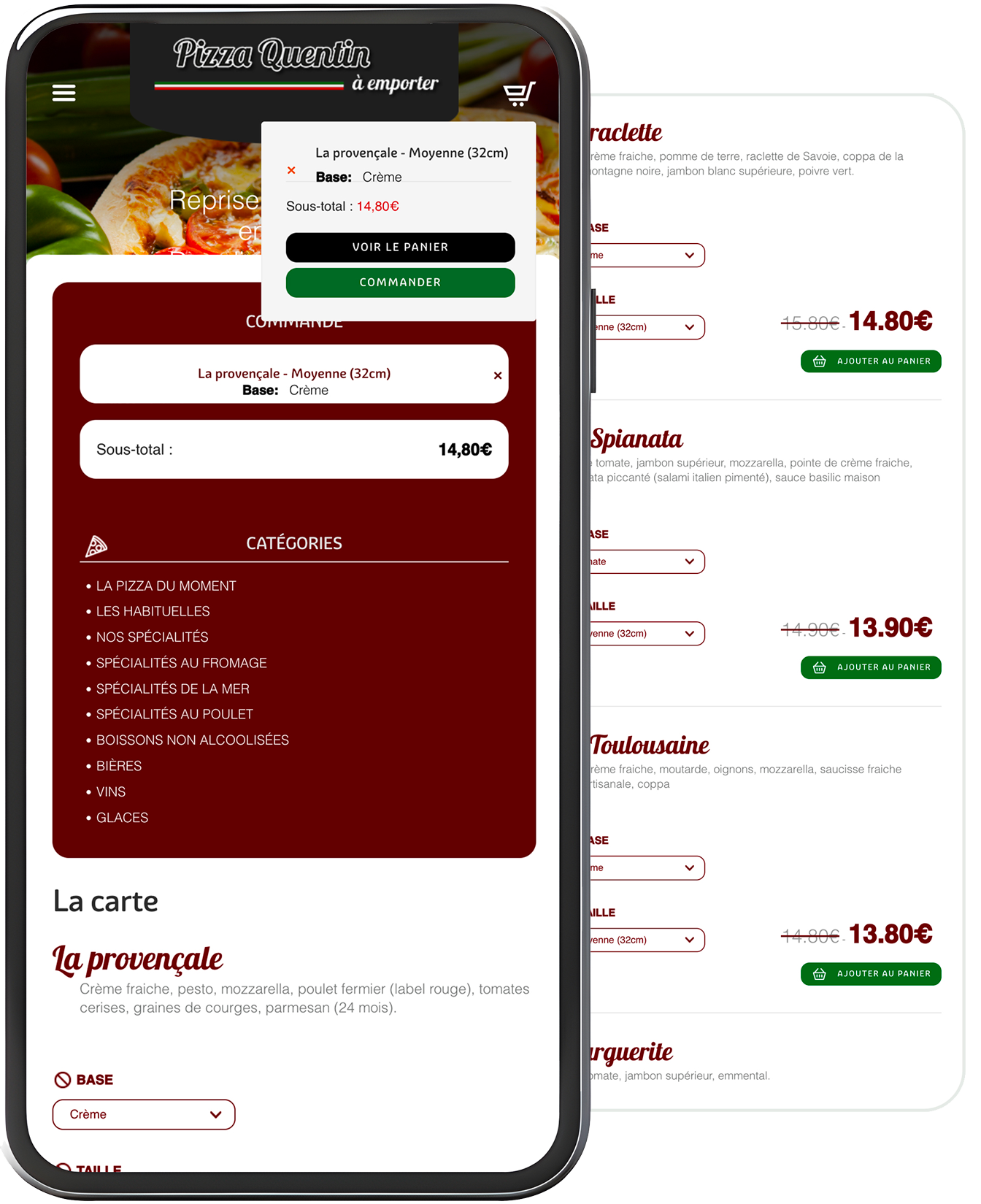 Maquettes de page carte de pizza quentin